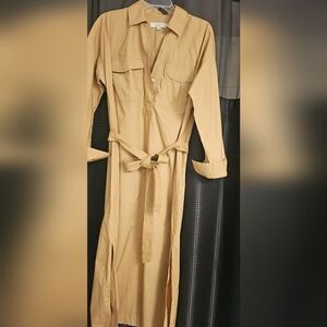 LOFT WOMEN'S L/S KHAKI BEIGE TAN BELTED LONG SHIRT DRESS COTTON SIZE 6 PRELOVED